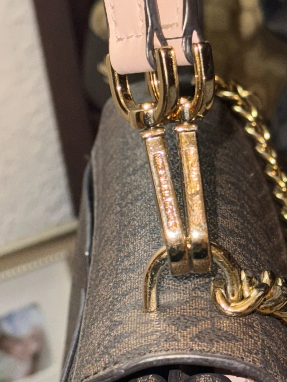 Michael Kors Brown Signature Crossbody with Blush Pink Flap & Gold Chain - Picture 4 of 7